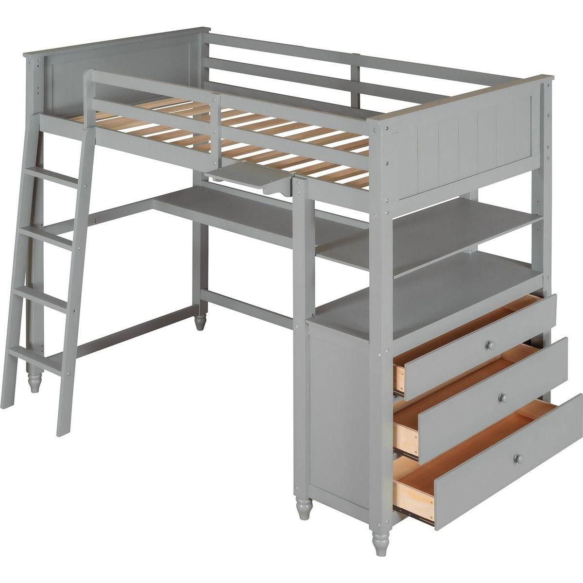 Twin size Loft Bed with Drawers and Desk, Wooden Loft Bed with Shelves - Gray