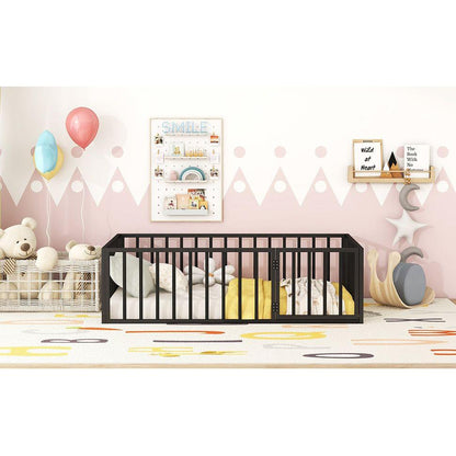 Twin Size Metal Floor Bed Frame with Fence and Door, Black