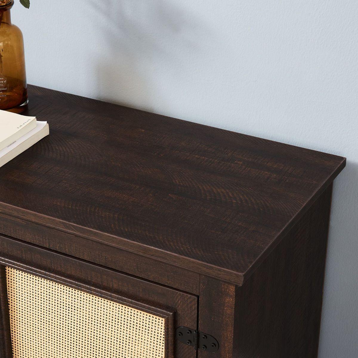 Farmhouse Rattan TV Stand Console Table for TVs up to 70 Inches, TV Console Table with 2 Storage Shelves, 2 Natural Rattan Door Cabinets, 65"Wx15.55"Dx23.86"H, Espresso