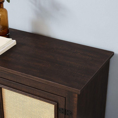 Farmhouse Rattan TV Stand Console Table for TVs up to 70 Inches, TV Console Table with 2 Storage Shelves, 2 Natural Rattan Door Cabinets, 65"Wx15.55"Dx23.86"H, Espresso