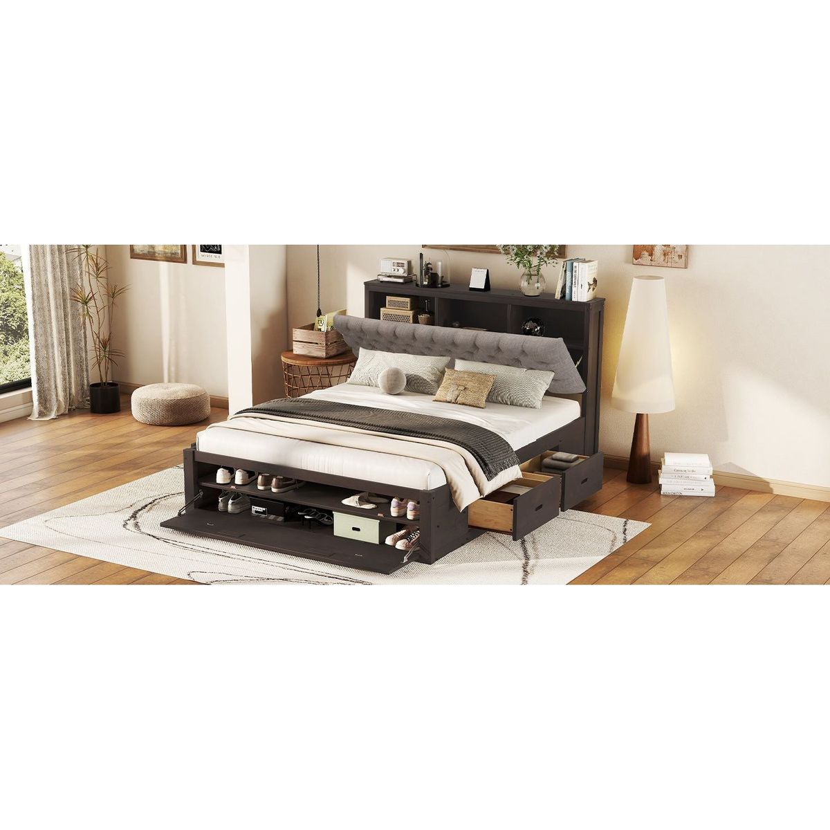Wood Queen Size Platform Bed with Storage Headboard, shoe rack and 4 drawers,Espresso
