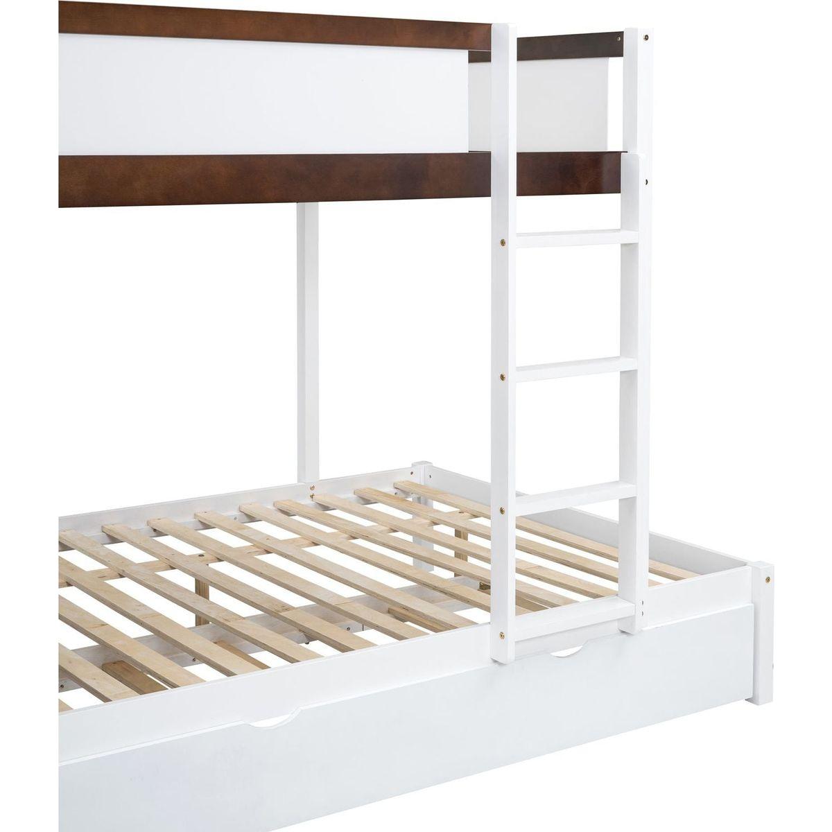 Full-Over-Full Bunk Bed with Twin size Trundle, Storage and Desk, White+Walnut
