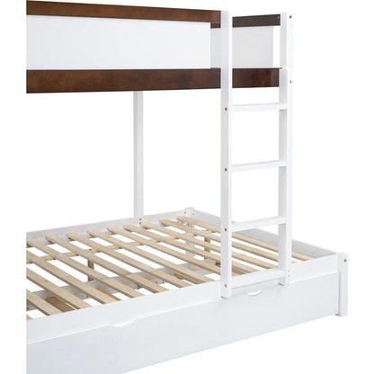 Full-Over-Full Bunk Bed with Twin size Trundle, Storage and Desk, White+Walnut