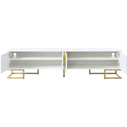 Modern TV Stand with Metal Legs and Gold Handles for TVs Up to 80", Media Console Table with Cabinets and Adjustable Shelves, Luxury TV Cabinet with Geometric Lines for Living Room, White
