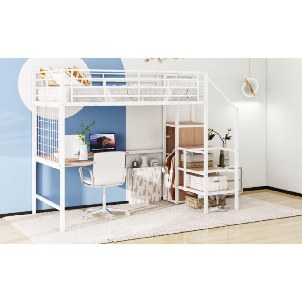 Full Size Metal Loft Bed with Desk and Metal Grid, Stylish Metal Frame Bed with Lateral Storage Ladder and Wardrobe, White