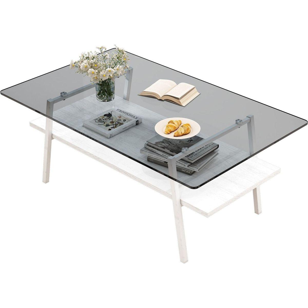 Rectangle Coffee Table, Tempered Glass Tabletop with White Metal Legs, Modern Table for Living Room, Gray Glass