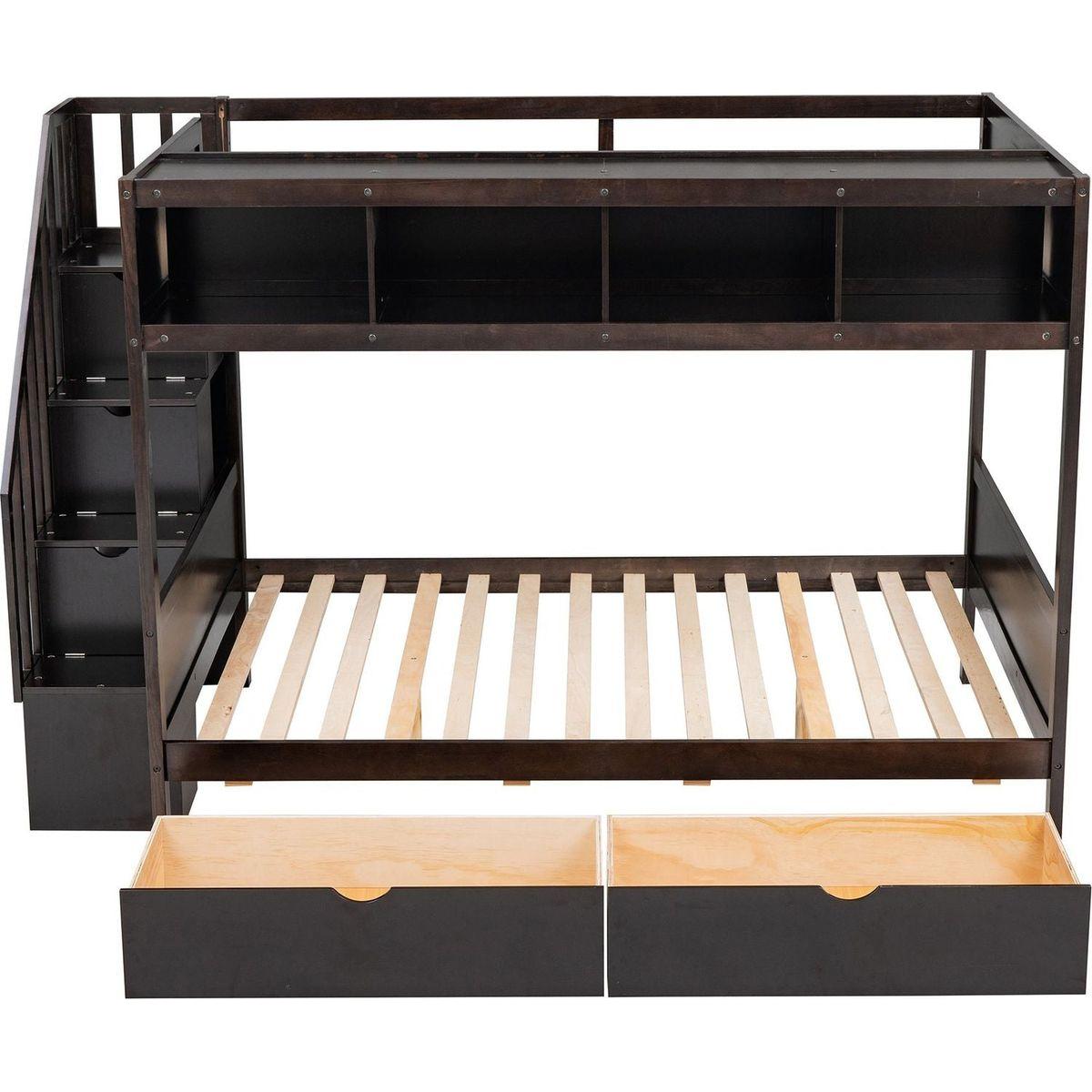 Twin over Full Bunk Bed with Shelfs, Storage Staircase and 2 Drawers, Espresso