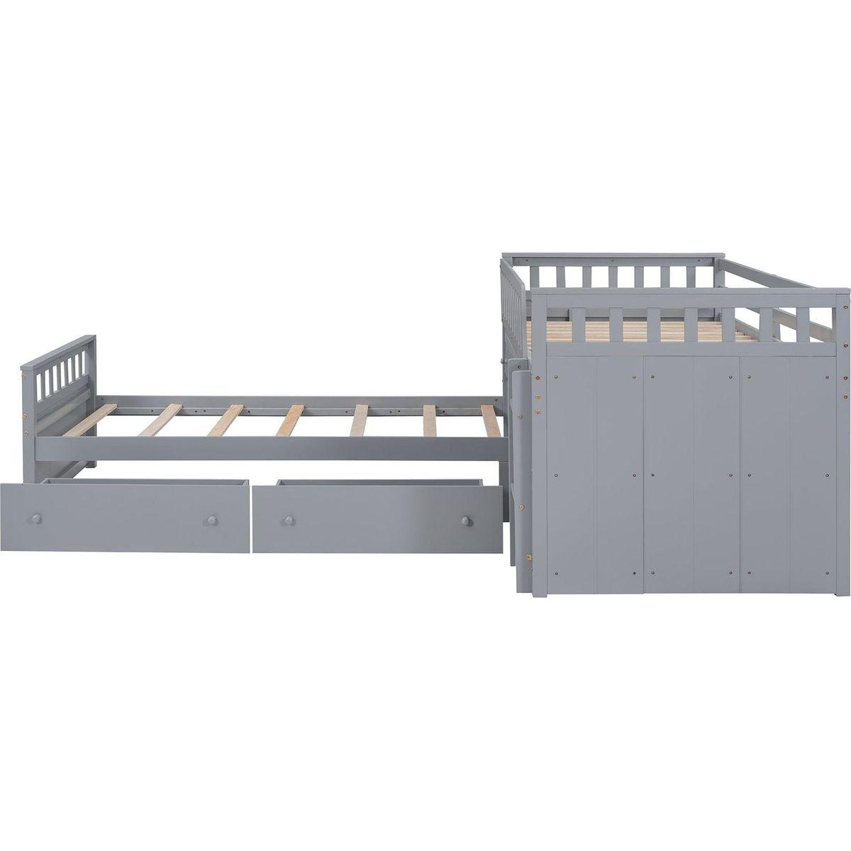 L-shaped Space-Saving Twin Loft and Twin Platform Bed with 7 Drawers and Full Guardrails(GRAY)