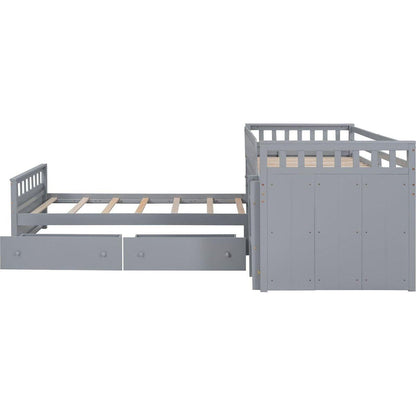 L-shaped Space-Saving Twin Loft and Twin Platform Bed with 7 Drawers and Full Guardrails(GRAY)