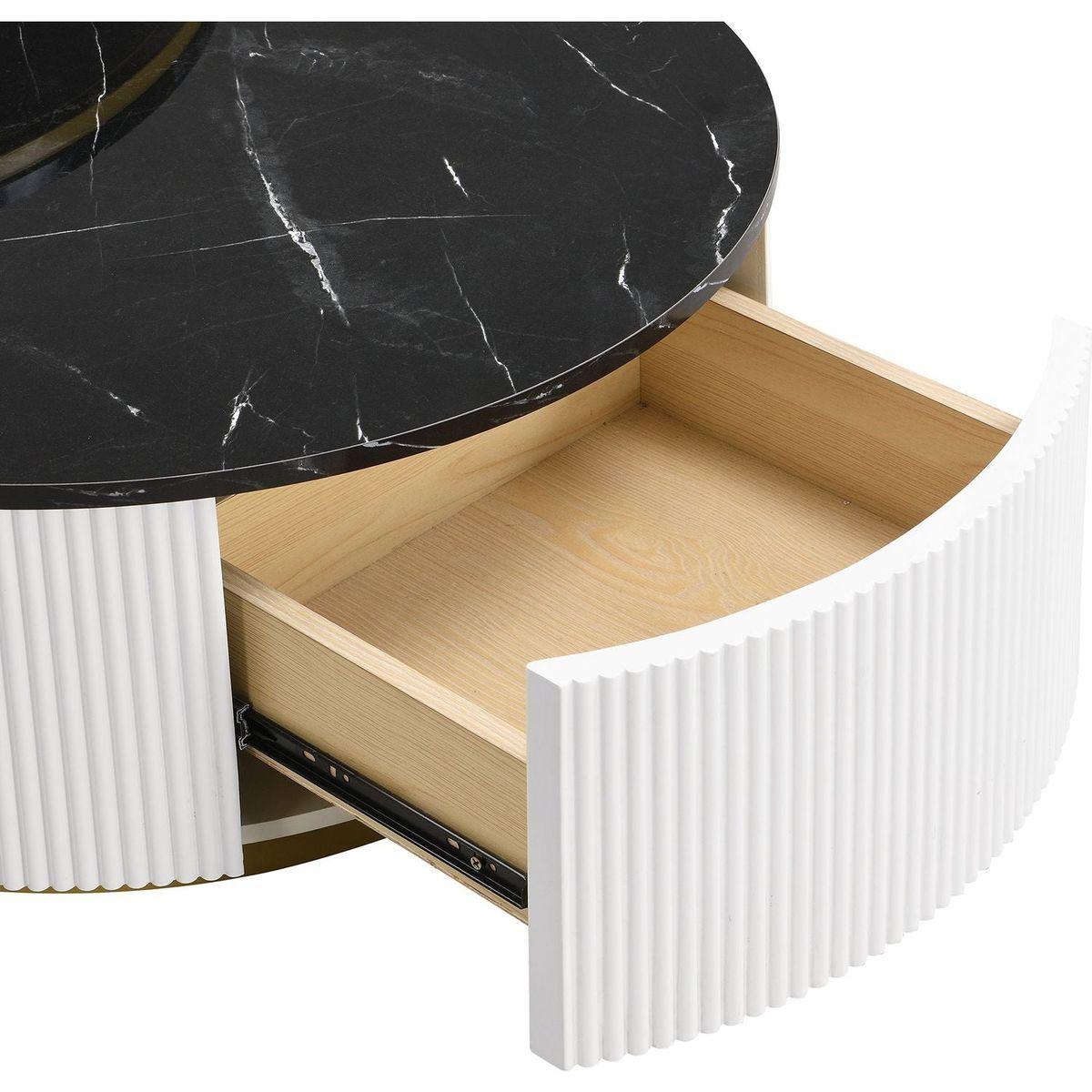 Modern Round Nesting Coffee Table Fluted with Drawer in Black & Gold in 31.5"