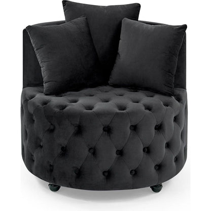 Velvet Upholstered Swivel Chair for Living Room, with Button Tufted Design and Movable Wheels, Including 3 Pillows, Black