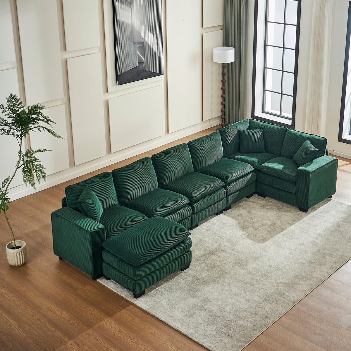 Modern U Shaped 6-seat Sectional Sofa Couch with one Ottoman and three toss pillows, Modular Sofa for Living Room,Corduroy sofa