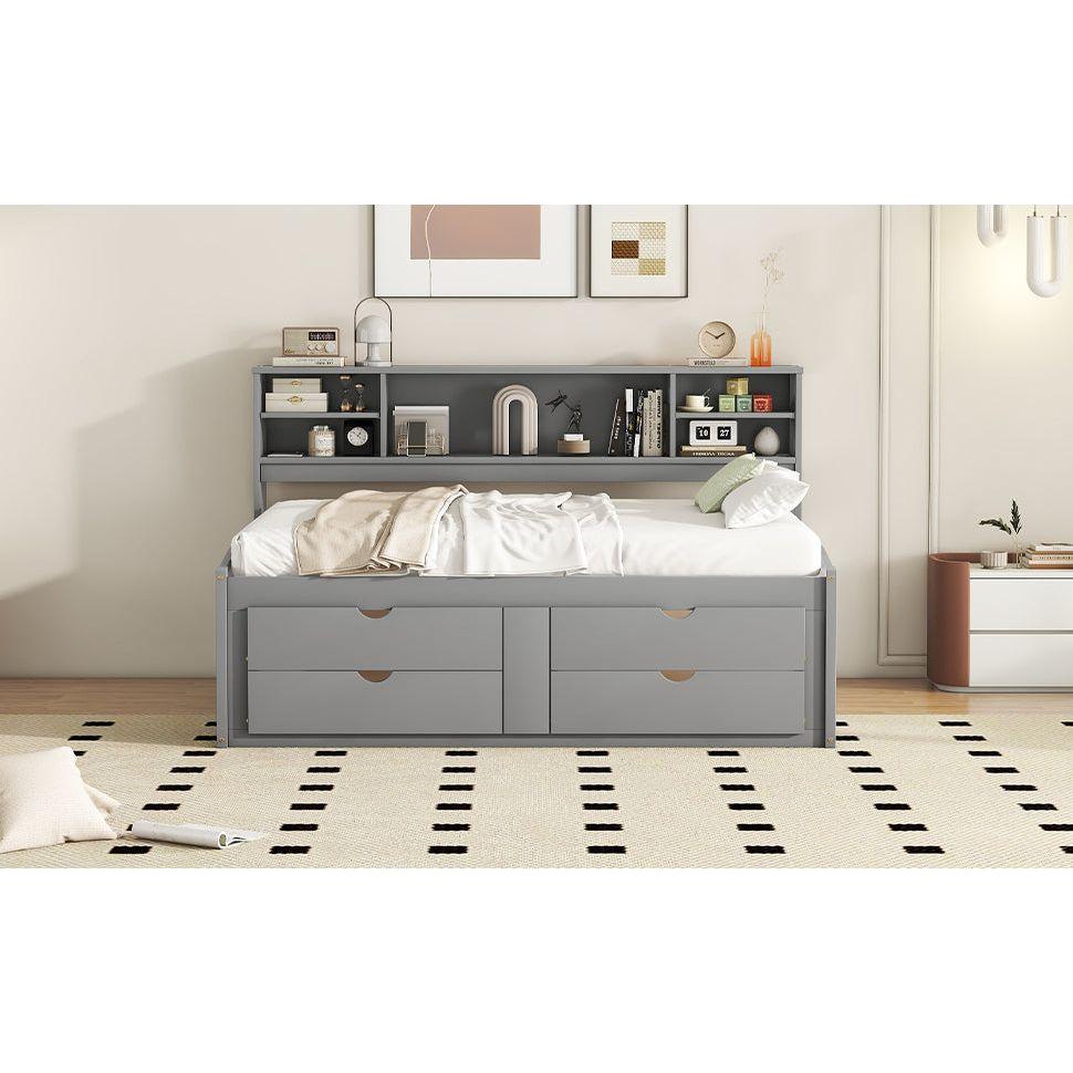 Full Size Wood Daybed with 2 Bedside Cabinets, Upper Shelves and 4 Drawers, Gray