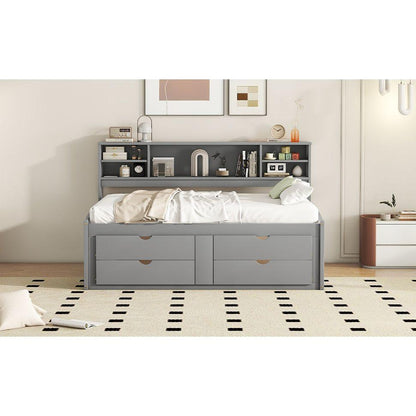 Full Size Wood Daybed with 2 Bedside Cabinets, Upper Shelves and 4 Drawers, Gray