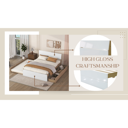 Modern Full Bed Frame With Twin Size Trundle And 2 Drawers For White High Gloss With Light Oak Color
