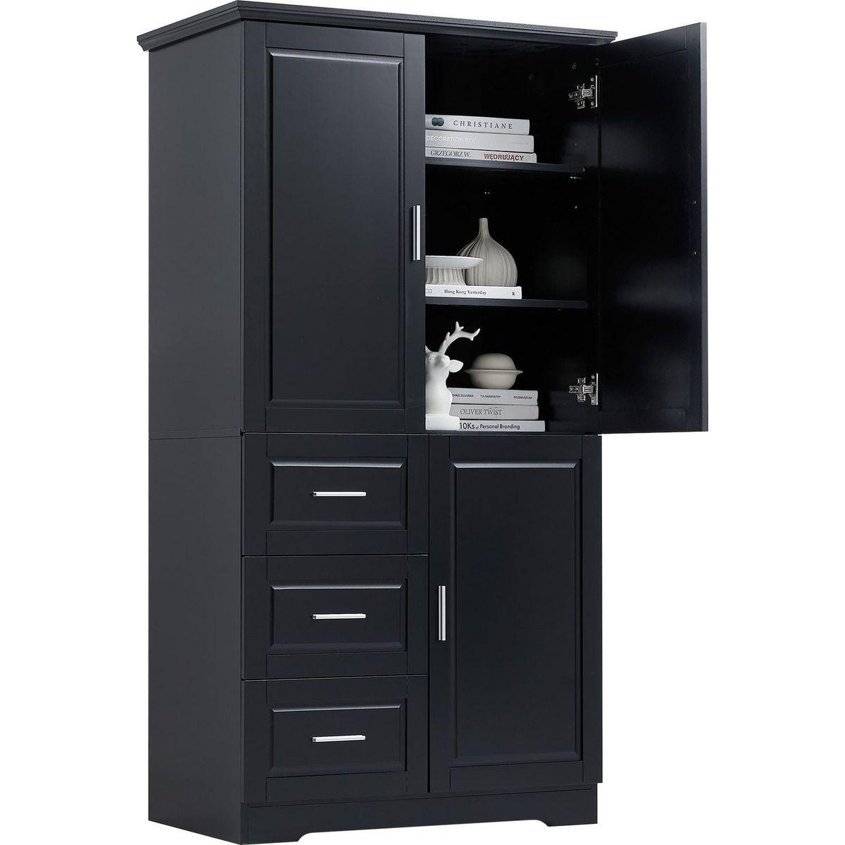Tall and Wide Storage Cabinet with Doors for Bathroom/Office, Three Drawers, Black