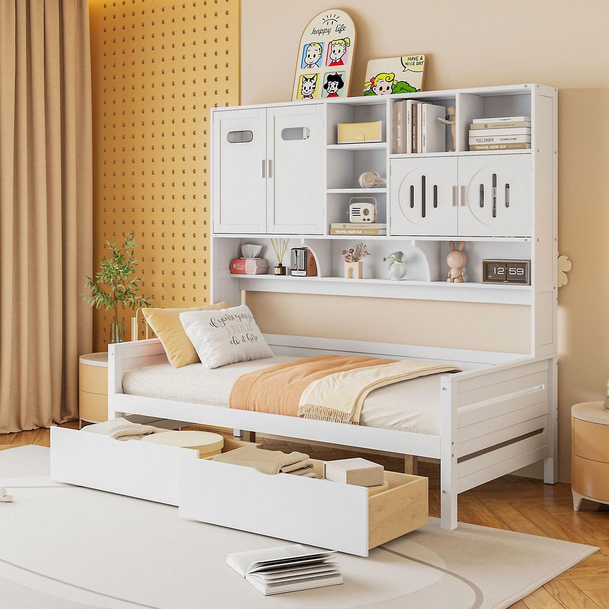 Twin Size Wooden Daybed With 2 Drawers, and All-in-One Cabinet and Shelf, White