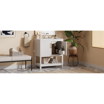 30-Inch White Bathroom Vanity with Ceramic Sink and Versatile Storage - Ideal for Small Bathrooms