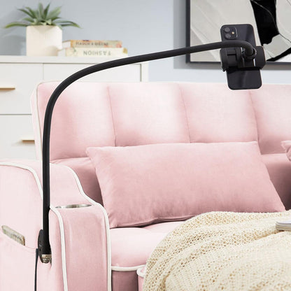 1 versatile foldable sofa bed in 3 lengths, modern sofa sofa sofa velvet pull-out bed, adjustable back and with USB port and ashtray and swivel phone stand (pink)