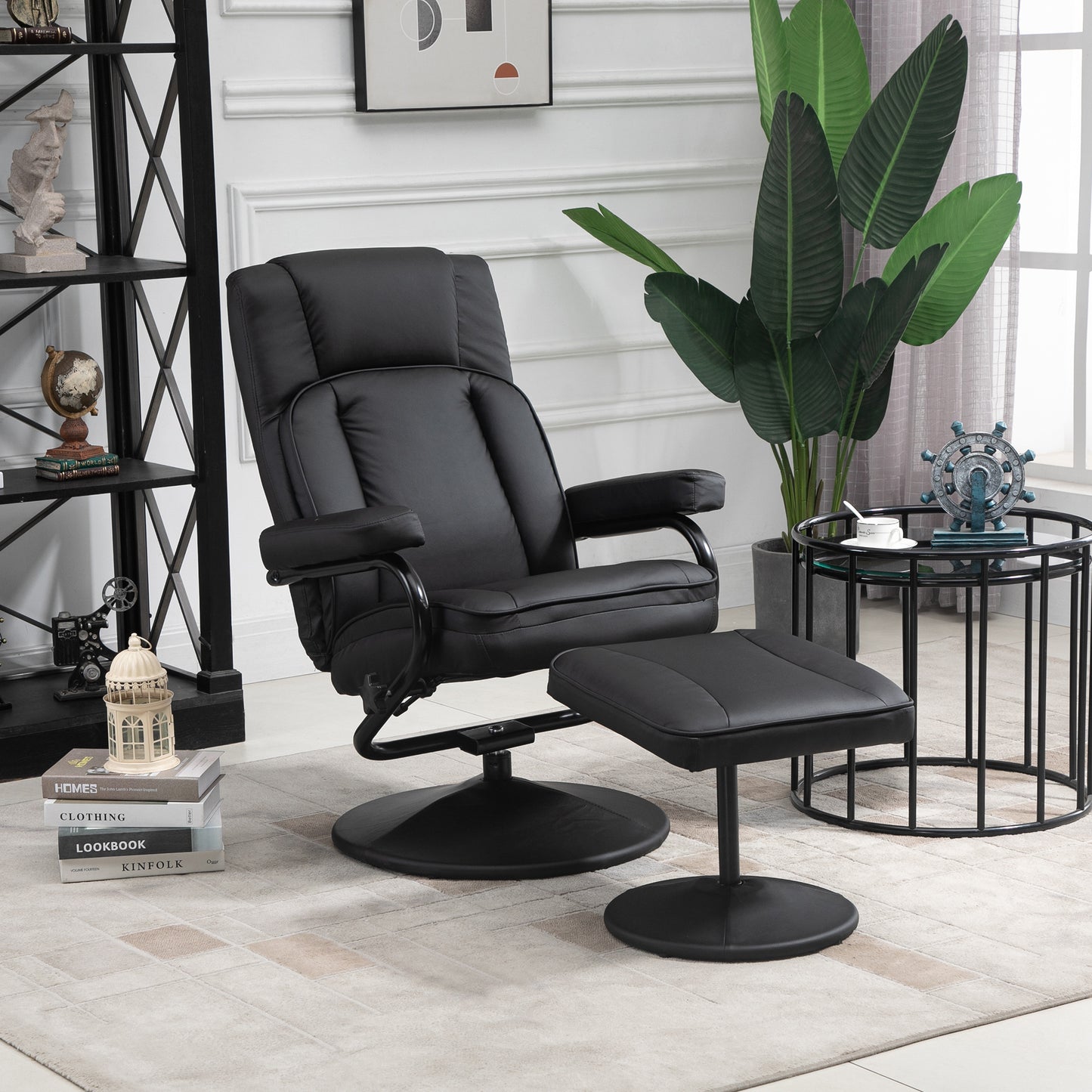 Swivel Recliner, Manual PU Leather Armchair with Ottoman Footrest for Living Room, Office, Bedroom, Black