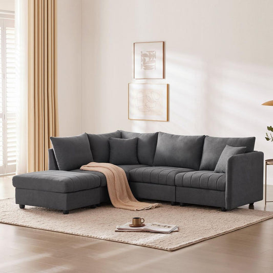 89x79"Modern Sectional Sofa with Vertical Stripes,2 Pillows,5-Seat Couch with Convertible Ottoman,Various Combinations,L-Shape Indoor Furniture for Living Room,Apartment, 3 Colors
