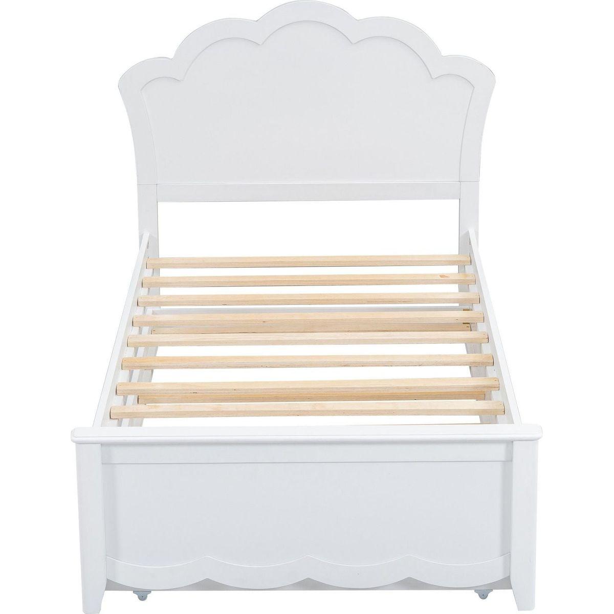 Twin Size Wood Platform Bed with Headboard and Twin Size Trundle, White