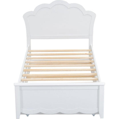 Twin Size Wood Platform Bed with Headboard and Twin Size Trundle, White