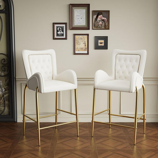 28.75inch Counter Height Bar Stools Set of 2, Bar Height Arm Chairs, Velvet Fabric Stools with Golden Legs and Footrests, White