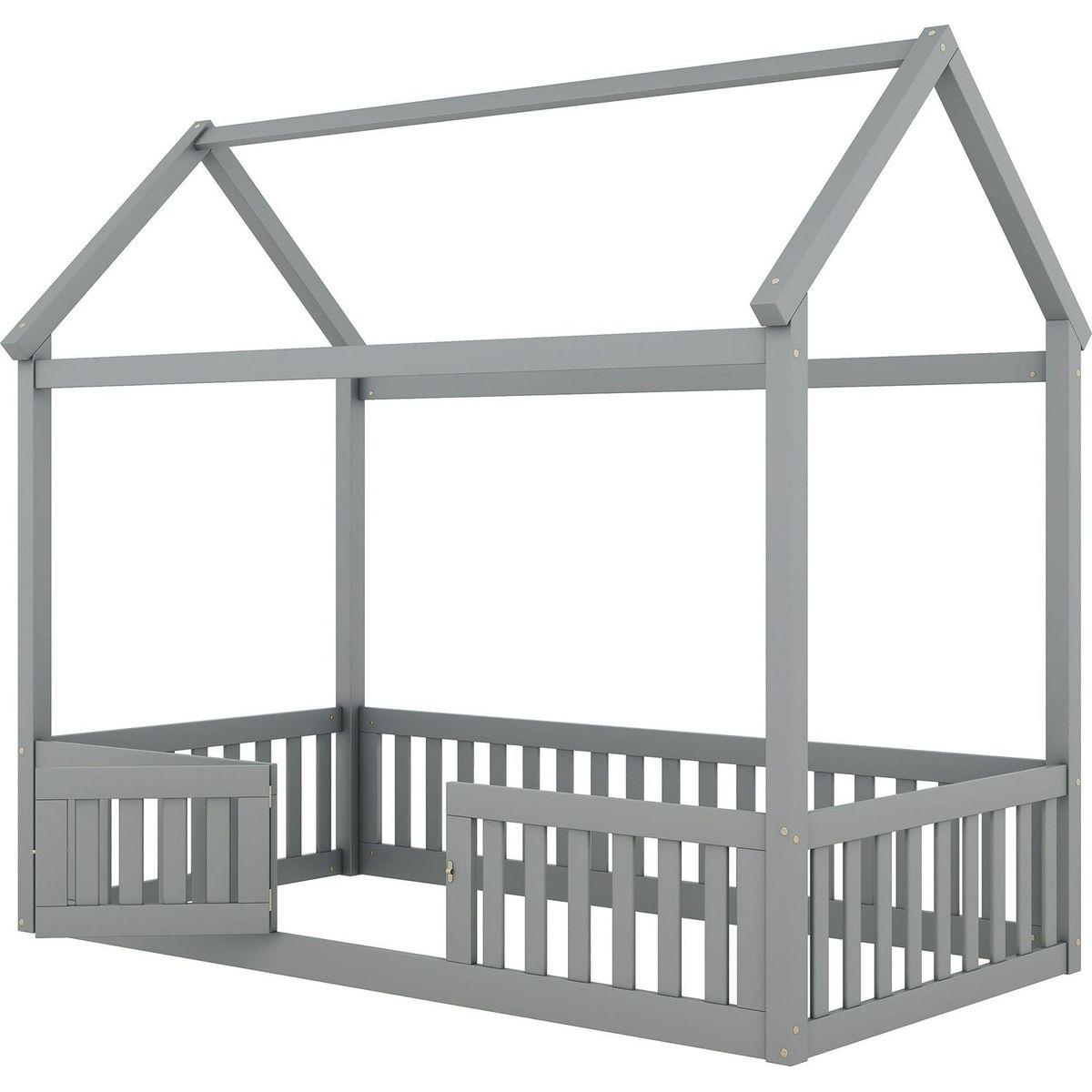 Twin Size Wood House Bed with Fence and Door, Gray