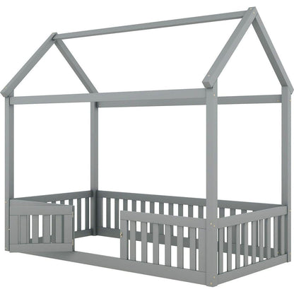 Twin Size Wood House Bed with Fence and Door, Gray