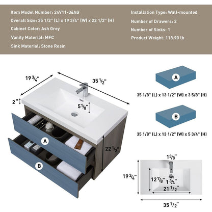 36" Floating Bathroom Vanity with Sink, Modern Wall-Mounted Bathroom Storage Vanity Cabinet with Resin Top Basin and Soft Close Drawers, Ash Grey