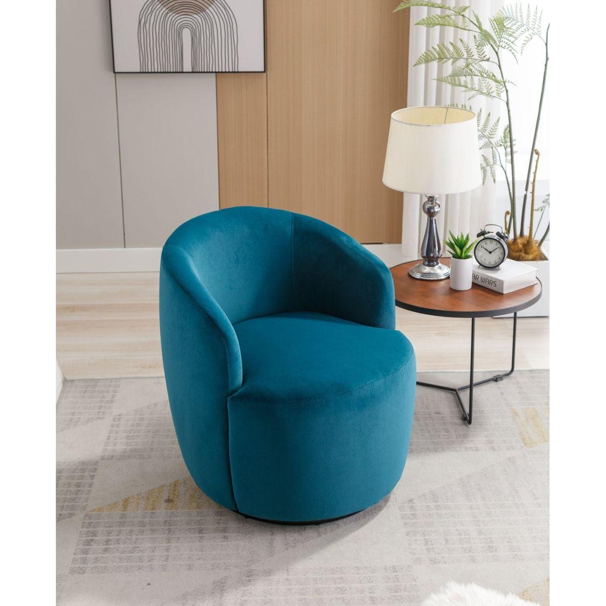 Velvet Fabric Swivel Accent Armchair Barrel Chair With Black Powder Coating Metal Ring,Teal