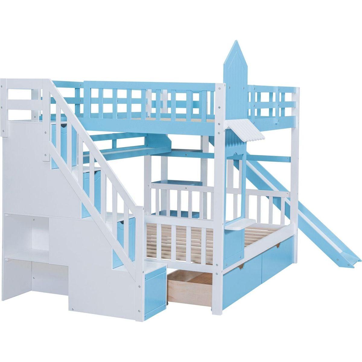 Full-Over-Full Castle Style Bunk Bed with 2 Drawers 3 Shelves and Slide - Blue