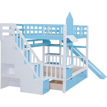 Full-Over-Full Castle Style Bunk Bed with 2 Drawers 3 Shelves and Slide - Blue
