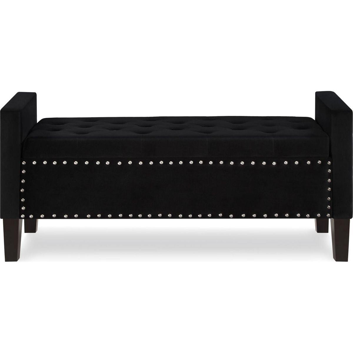 Upholstered Tufted Button Storage Bench with nails trim,Entryway Living Room Soft Padded Seat with Armrest,Bed Bench-Black