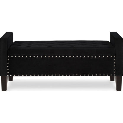 Upholstered Tufted Button Storage Bench with nails trim,Entryway Living Room Soft Padded Seat with Armrest,Bed Bench-Black