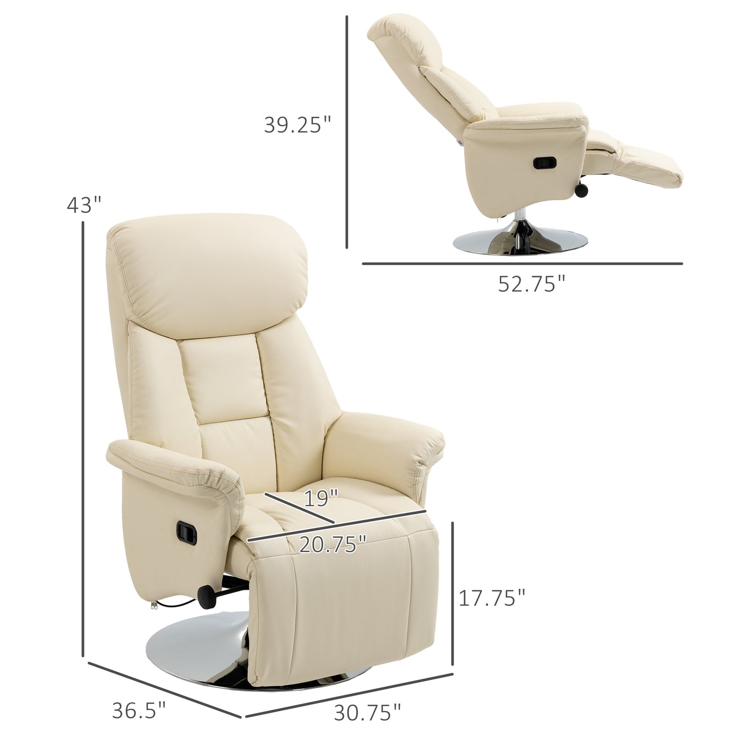 Manual Recliner Chair for Adults, Adjustable Swivel Recliner with Footrest, Padded Arms, PU Leather Upholstery and Steel Base for Living Room, Cream White