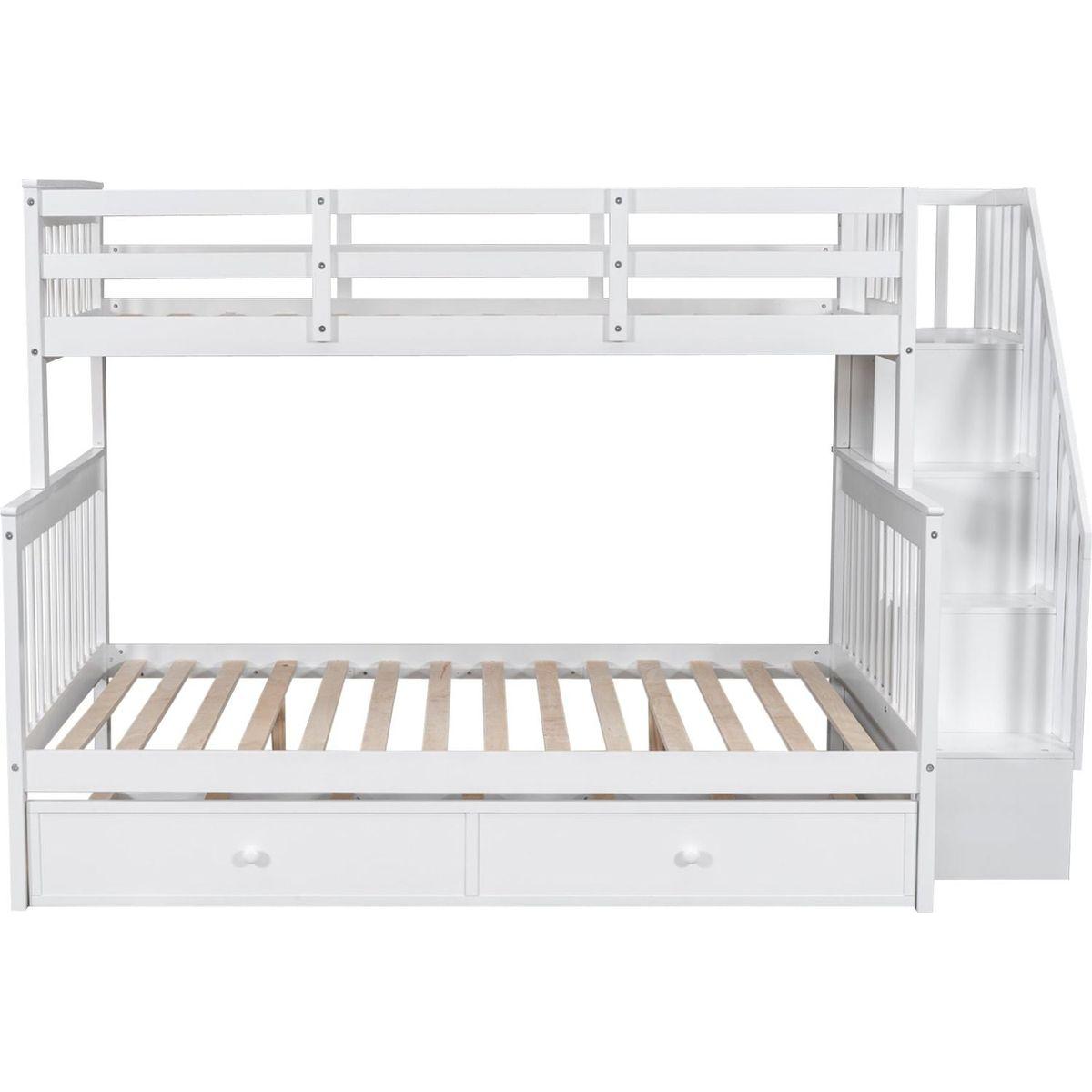 Twin-Over-Full Bunk Bed with Twin size Trundle, Storage and Guard Rail for Bedroom, Dorm, for Adults, White