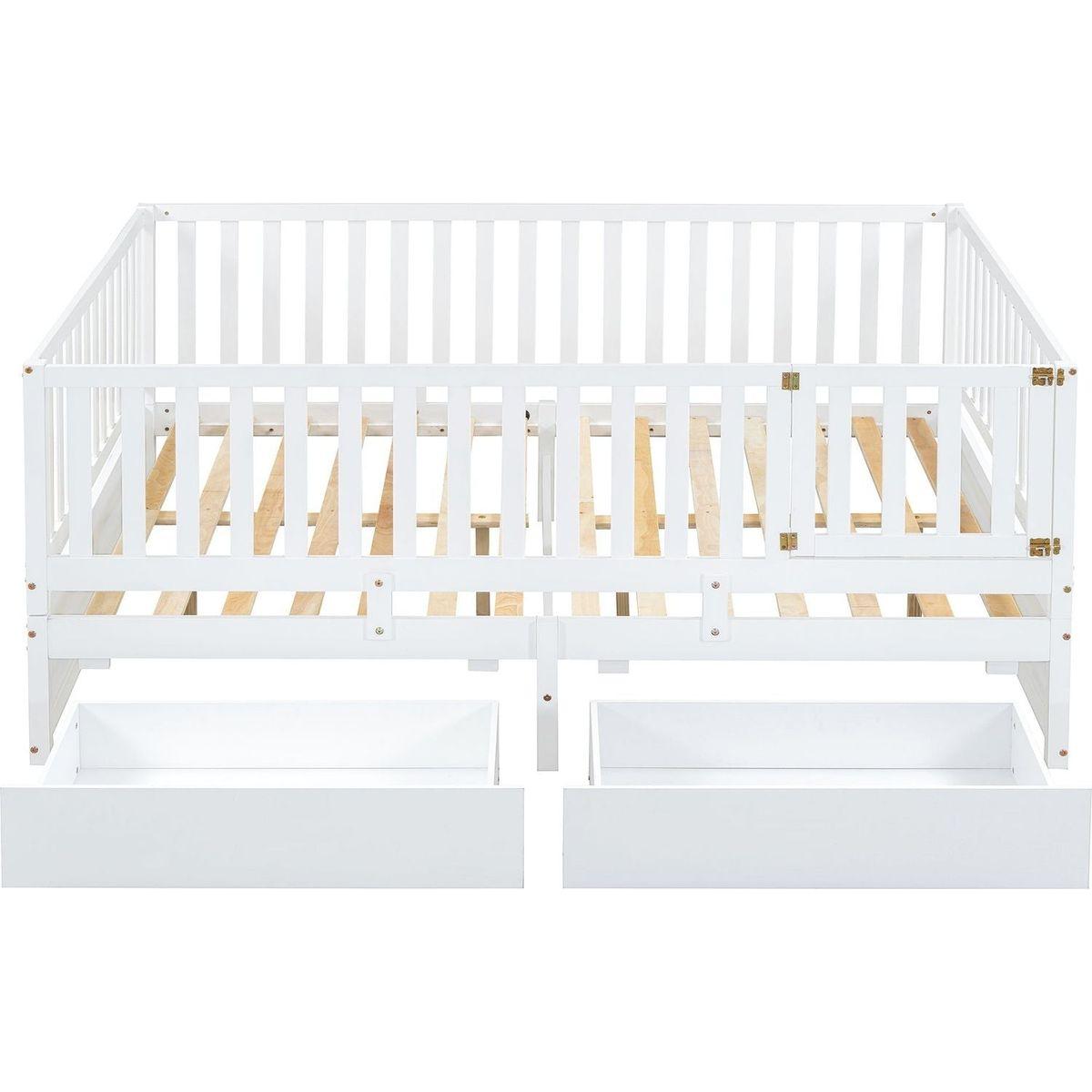 Full Size Wood Daybed with Fence Guardrails and 2 Drawers, Split into Independent Floor Bed & Daybed, White