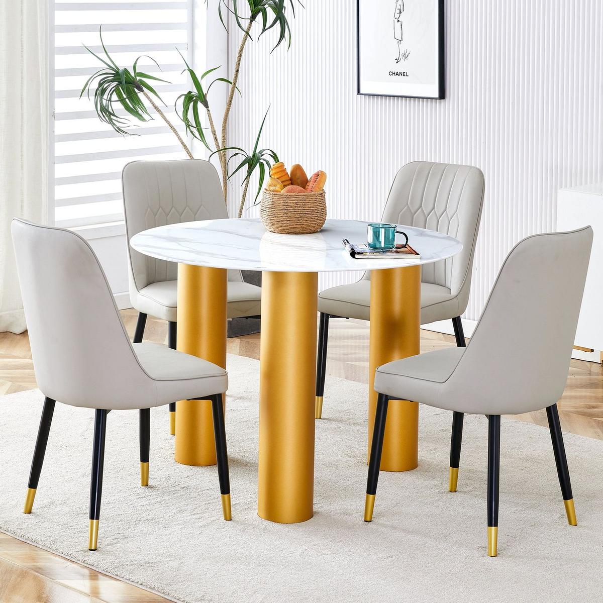 Round white dining table, artificial marble glass stickers, golden MDF legs, kitchen dining table, living room dining table 40 "x 40" x 29.4 "F-X03