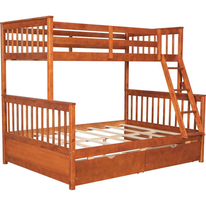 Twin-Over-Full Bunk Bed with Ladders and Two Storage Drawers (Walnut) { o