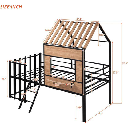 Metal Twin size Loft Bed with Roof, Window, Guardrail, Ladder Black