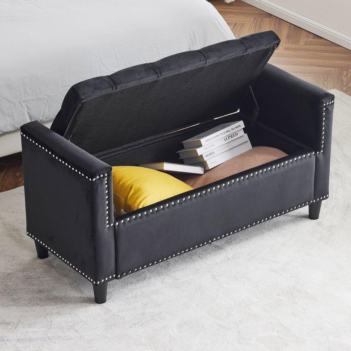 Storage Bench, 44.5-Inch Queen Velvet Button Bedside Bench, Entryway Living Room with Armrests, Nailhead Trim, Upholstered Bedroom Bench, Bedside Ottoman, Living Room, Entryway, Black