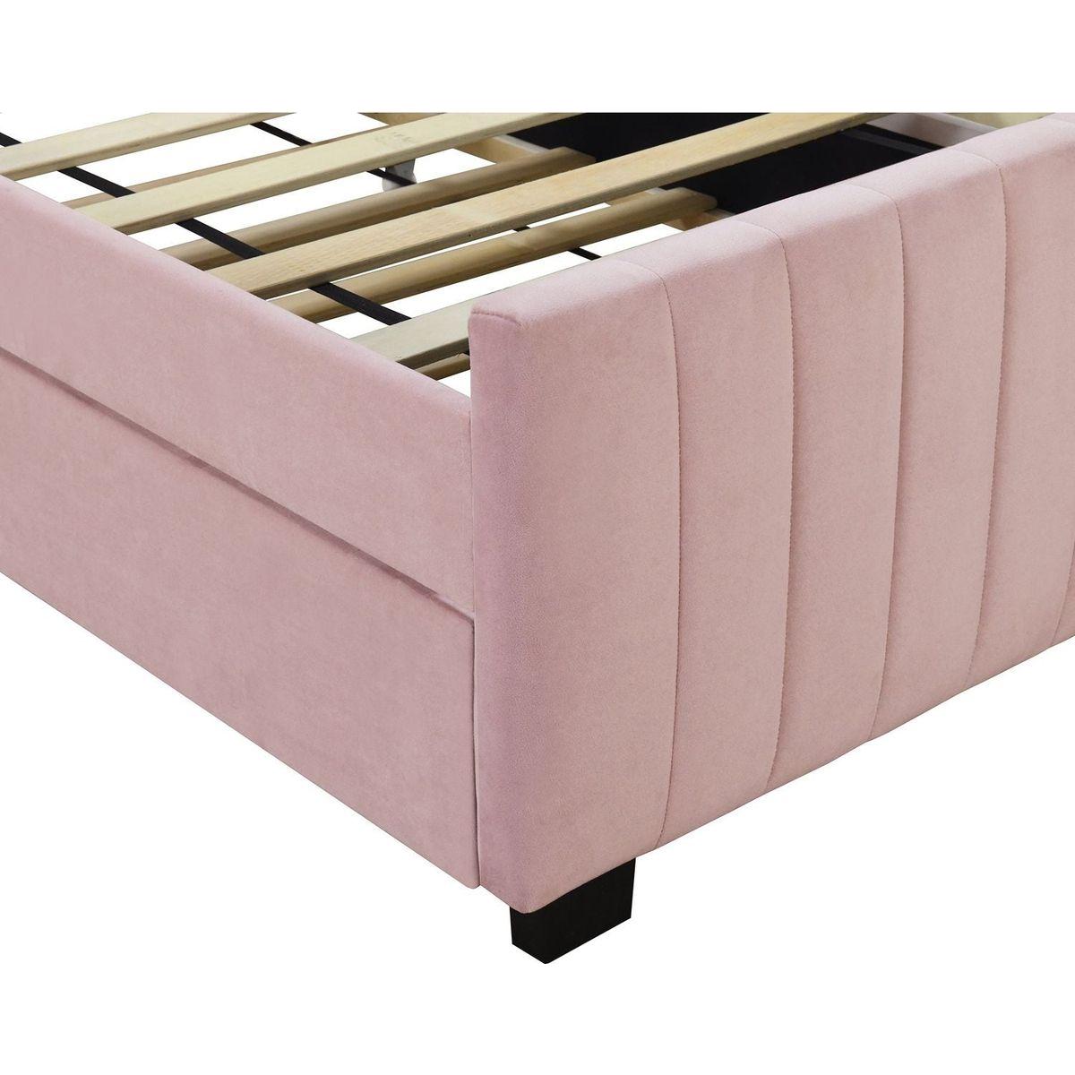 Twin Size Velvet Upholstered Platform Bed with Twin Size Trundle, Pink