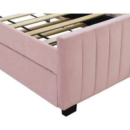 Twin Size Velvet Upholstered Platform Bed with Twin Size Trundle, Pink