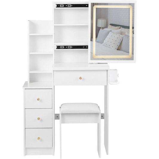 Small Size Left Bedside Cabinet Vanity Table + Cushioned Stool, 2 AC+2 USB Power Station, Hair dryer bracket, Extra Large Touch Control Sliding LED Mirror, Tri-color Switching, EPA,GCC,UL Certificate