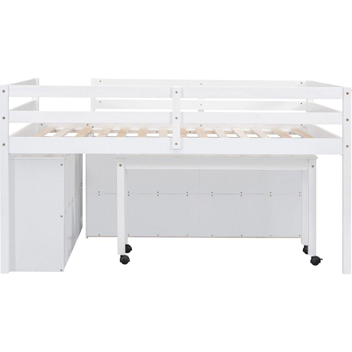 Full Size Loft Bed with Retractable Writing Desk and 4 Drawers, Wooden Loft Bed with Lateral Portable Desk and Shelves, White