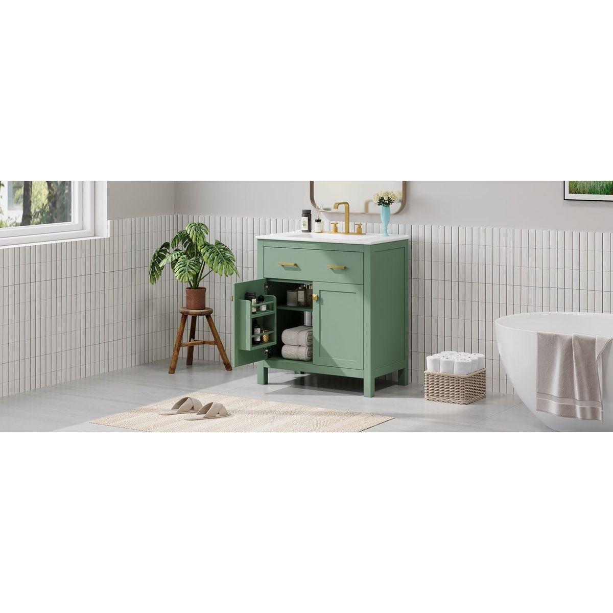 30-inch Bathroom Vanity with Ceramic Sink, Modern Green Single Bathroom Cabinet with 2 Doors and a Shelf, Soft Close Doors