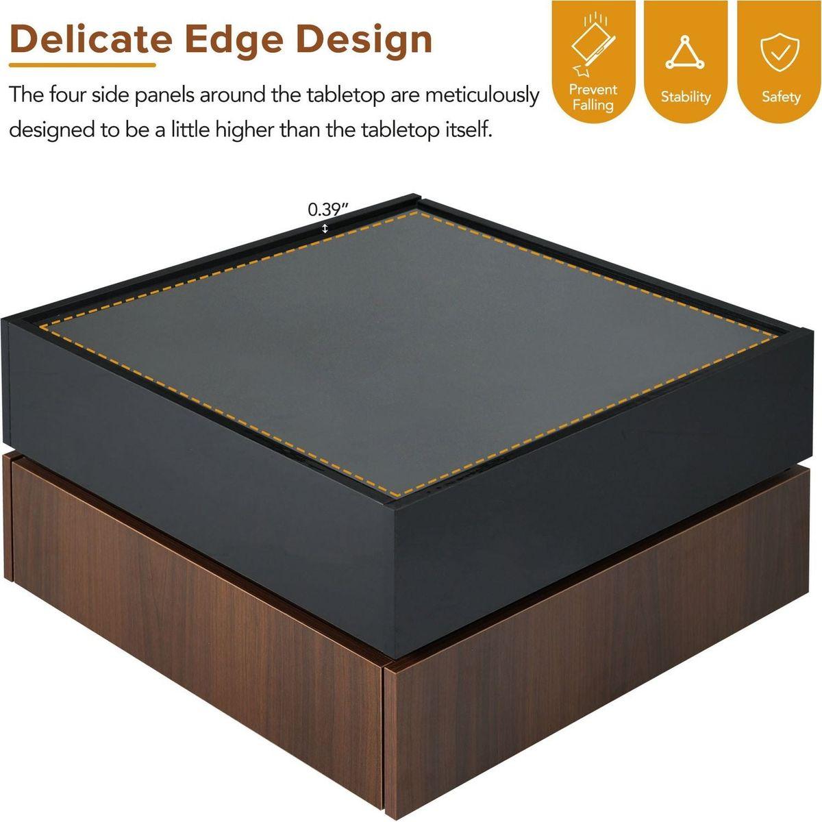 Multi-functional Square 360Rotating Coffee Table with 2 Drawers, High Gloss 2-Tier Center Table with Swivel Tabletop and Storage, Walnut Table Frame Side Table for Living Room, Black