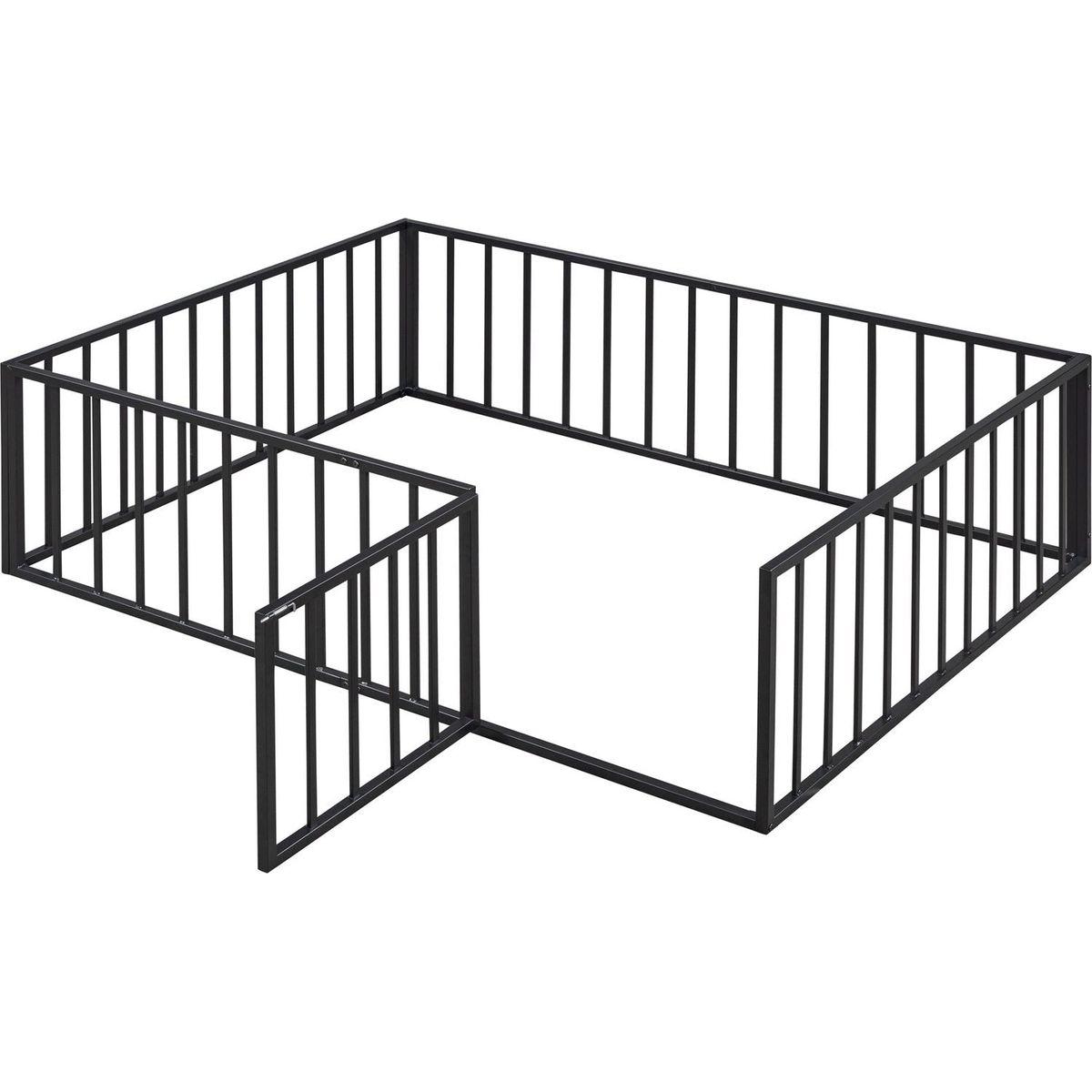 Full Size Metal Floor Bed Frame with Fence and Door, Black